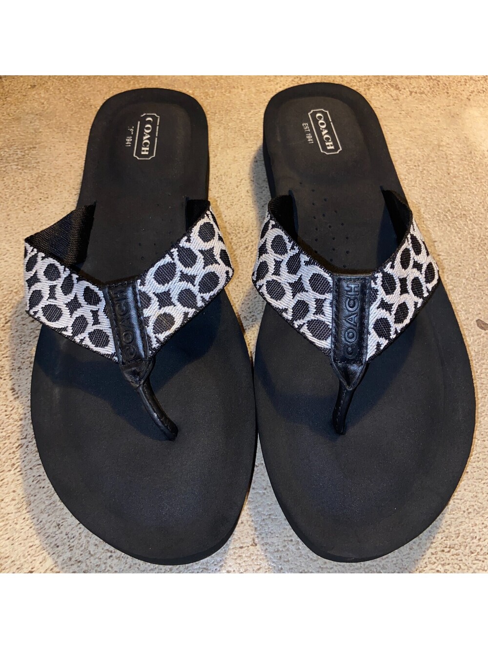 COACH Jessalyn Women's Black Signature C Jacquard Wedge Thong Flip Flop Sandals